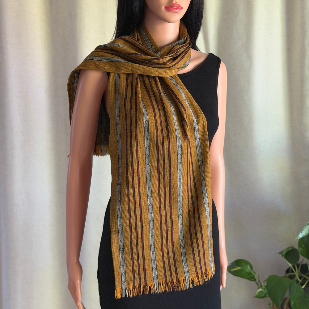 Vintage 80s Banana Republic 70% Wool Scarf Mustard Yellow Striped Made in Japan